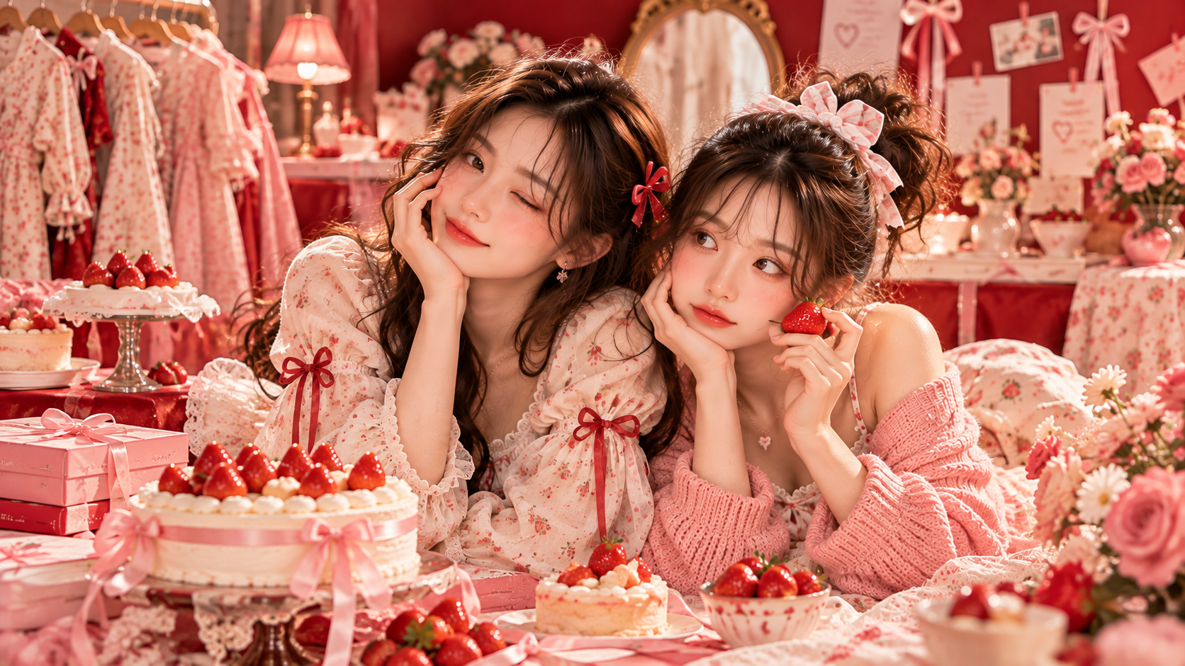 Hai cô gái trong studio DâuSoSweet với trang phục hồng
